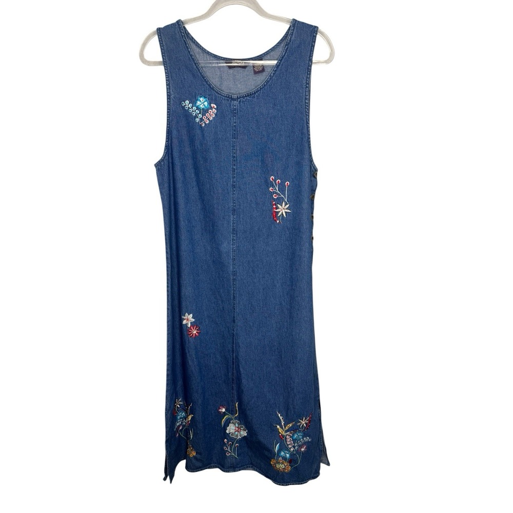 Vintage Y2K Denim Jumper Maxi Dress Embroidered Women's Size M Modest Teacher